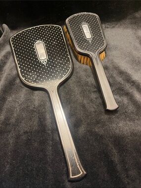 Vintage Black Hand Mirror and Brush Set - Elegant Polka Dot Design DuPont
